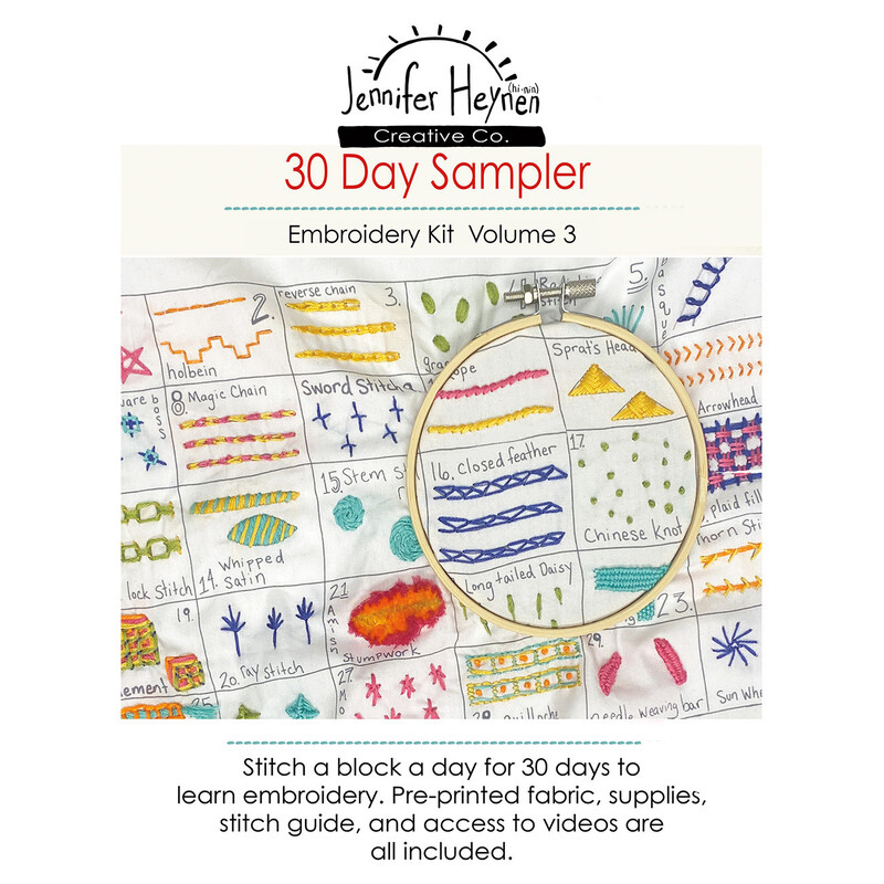 Image of an embroidery kit cover featuring 30 Day Sampler with colorful stitch designs and instructions.
