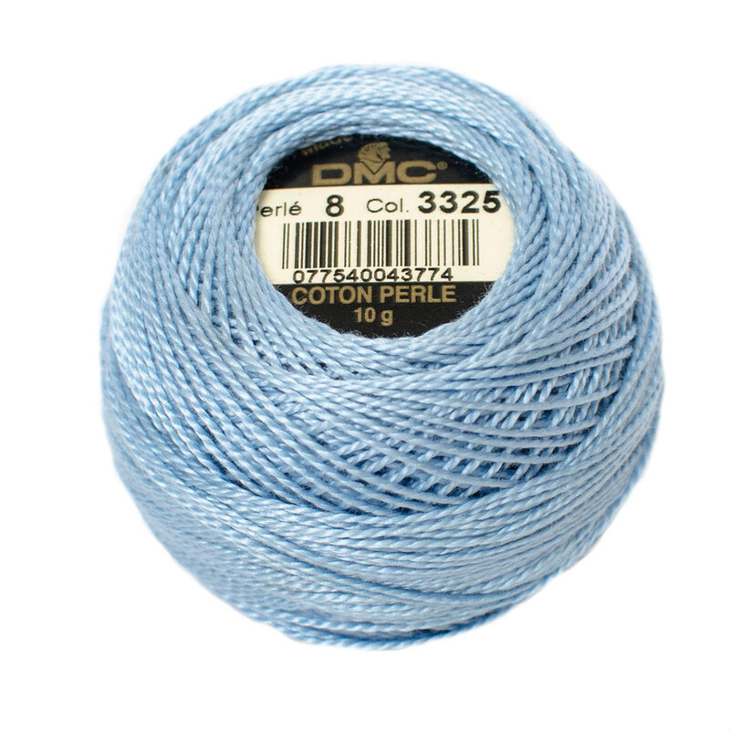 A ball of DMC 3325 Light Baby Blue Floss on a white background.