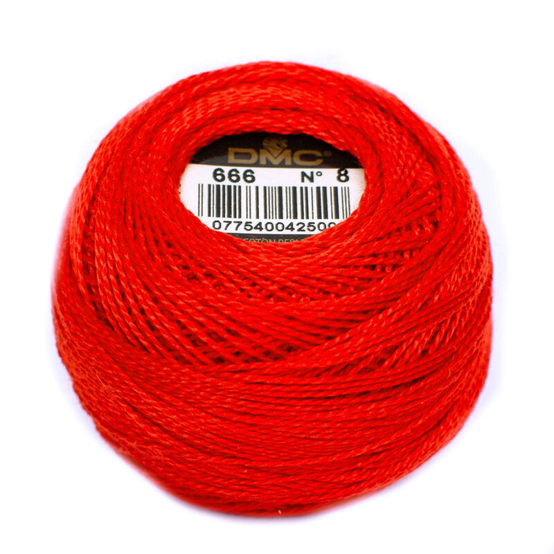 A ball of DMC 666 Bright Christmas Red Red Floss on a white background
