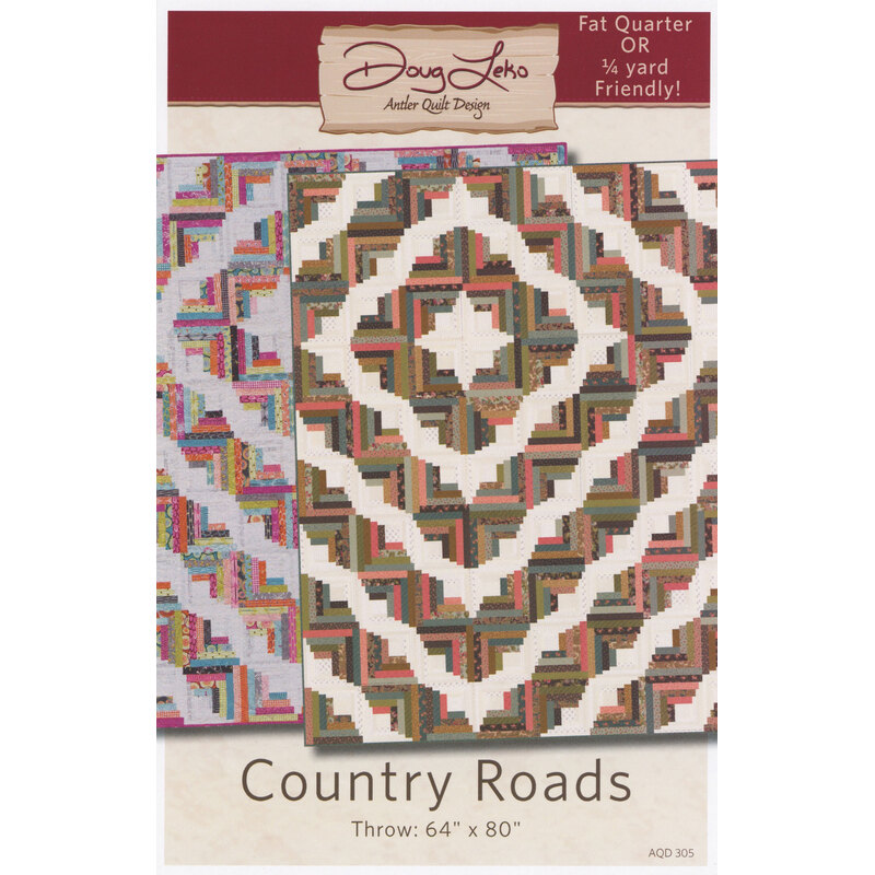Cover design for the Country Roads quilt pattern by Doug Leko, featuring colorful patchwork styles.