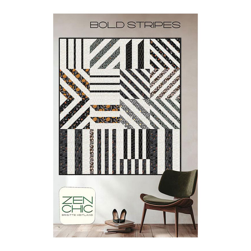 The front cover of the Bold Stripes pattern, featuring a digital image of the finished quilt staged above furniture and decor.