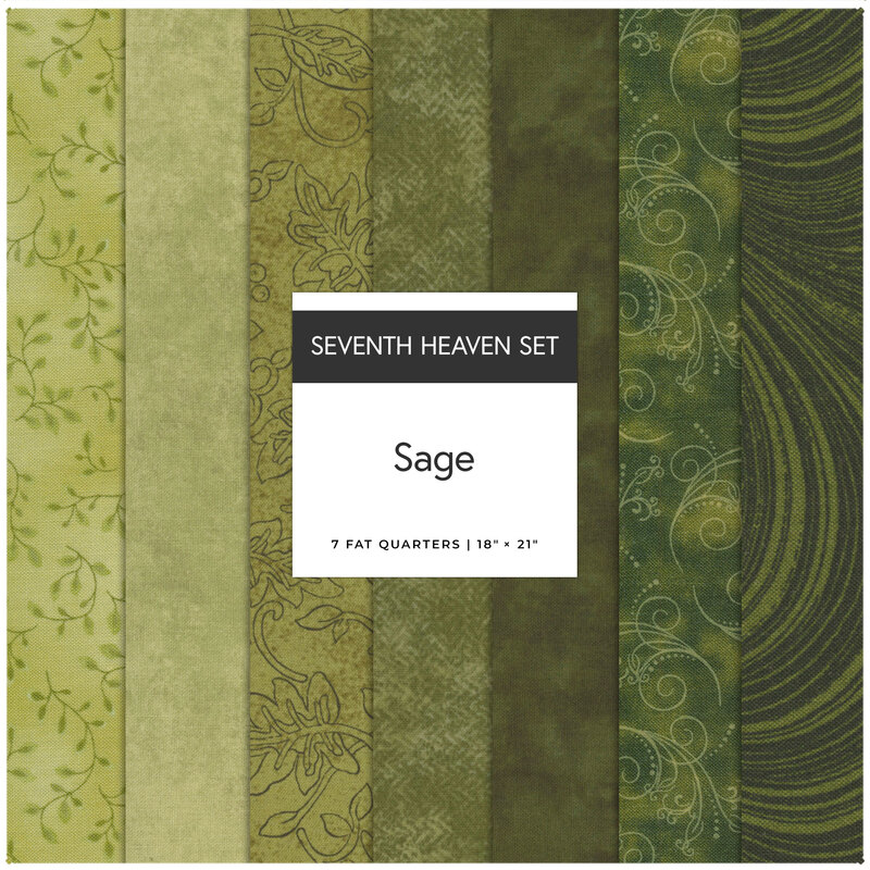 A collage of 7 sage green fabrics in the Woodland Pines seventh heaven set.