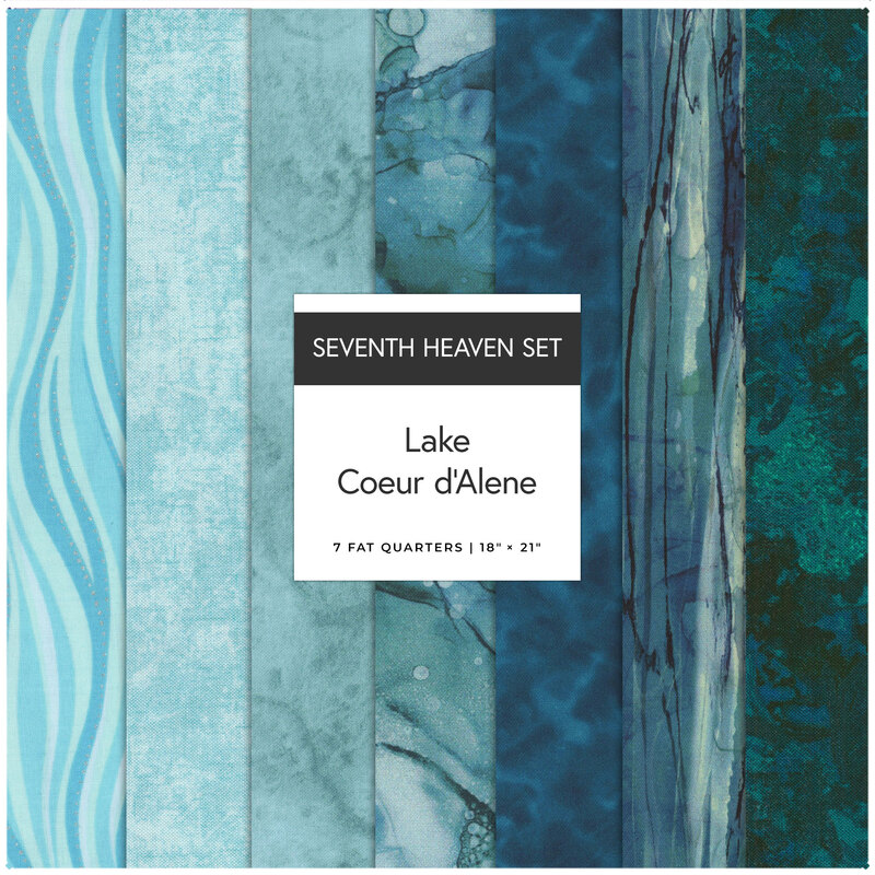 A collage of 7 lake blue fabrics in the Woodland Pines seventh heaven set.