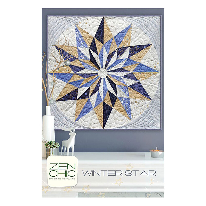 The front cover of the Winter Star pattern, featuring a digital image of the finished quilt staged above furniture and decor.
