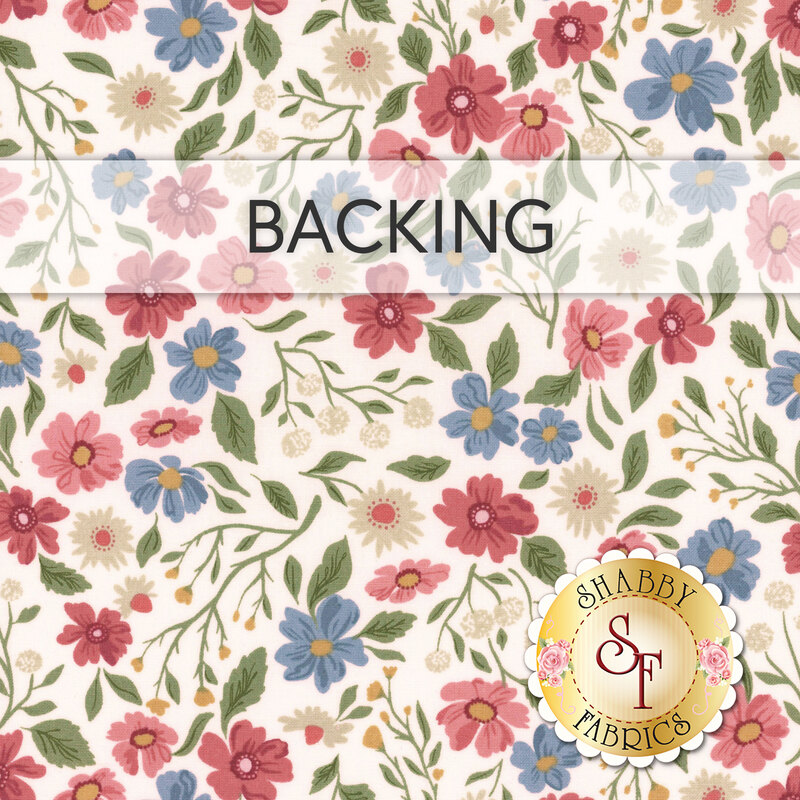 A swatch of white fabric with tossed pink, blue, and white flowers. A banner across the top reads "Backing" and a golden Shabby Fabrics logo sits in the bottom right corner. 