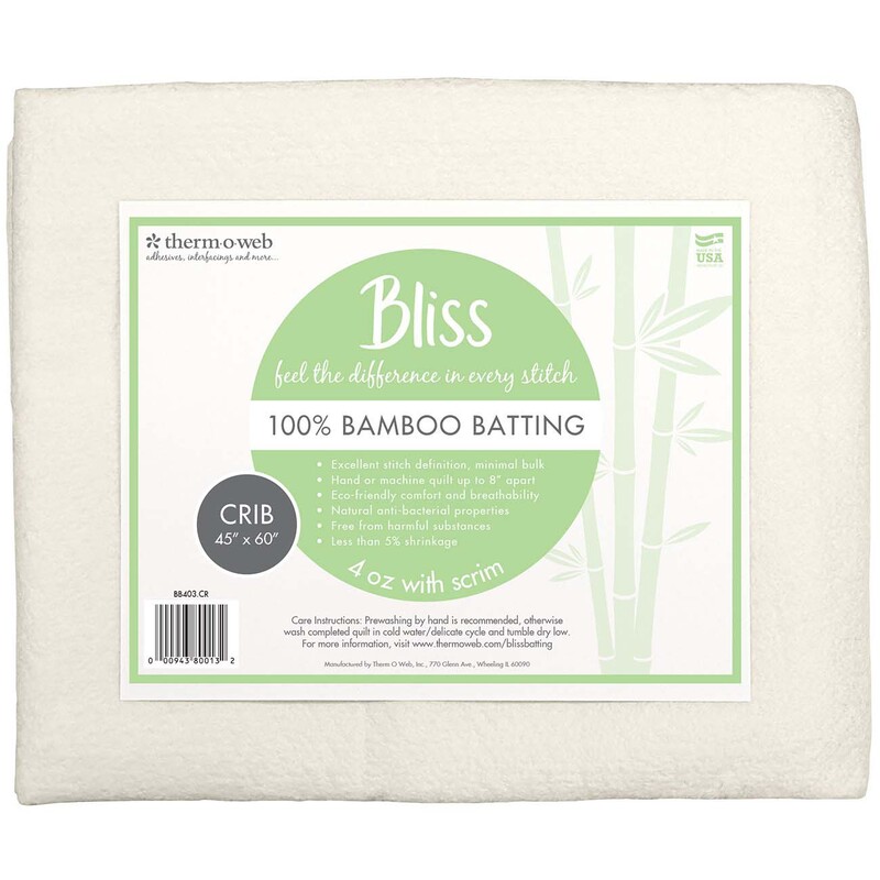 Label for 100% bamboo batting for crib use, measuring 45 x 60, with scrim backing.