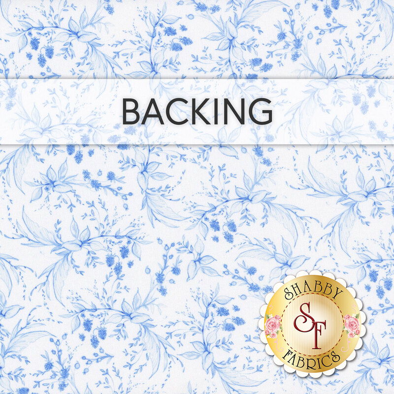 A swatch of fabric with a blue berry and leaf pattern on a crisp white background. A banner at the top reads "Backing" and a golden Shabby Fabrics logo can be seen in the lower right hand corner.