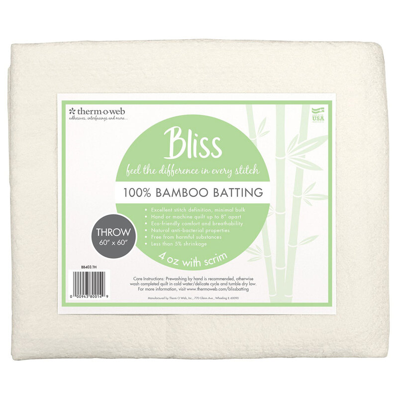 Package of 100% bamboo batting, labeled Bliss, sized 60" x 60".