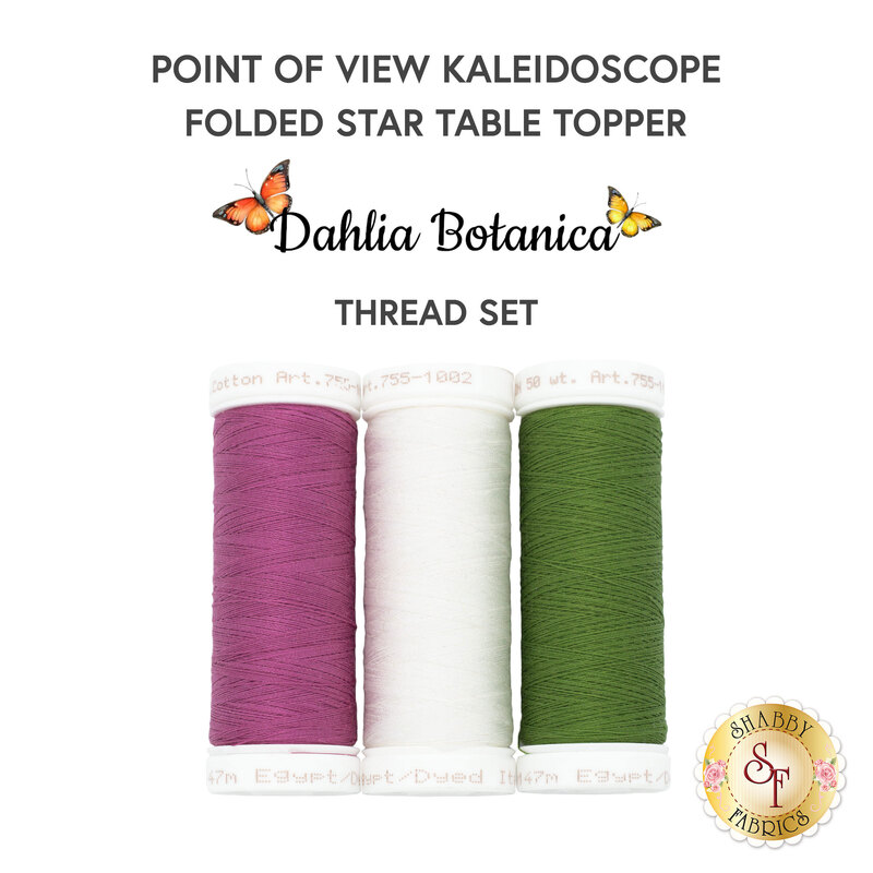 The thread set for the Point of View Kaleidoscope Folded Star Table Topper - Dahlia Botanica, three spools of magenta, white, and green thread, isolated on a white background below a text graphic.