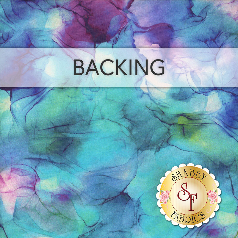 Cerulean, green, white, and purple marbled fabric swatch with a transparent banner that reads "Backing."