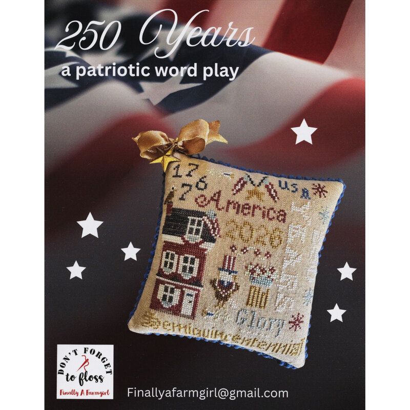 Front of the pattern showing the completed 250 Years: Patriotic Word Play design. An American flag is in the background and the pattern title is in white at the top of the image.