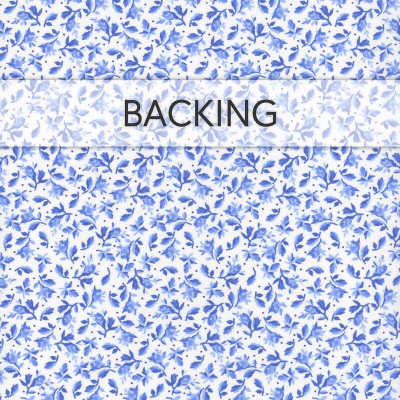 A white fabric swatch decorated with small blue leaves and florals. A banner across the top reads backing