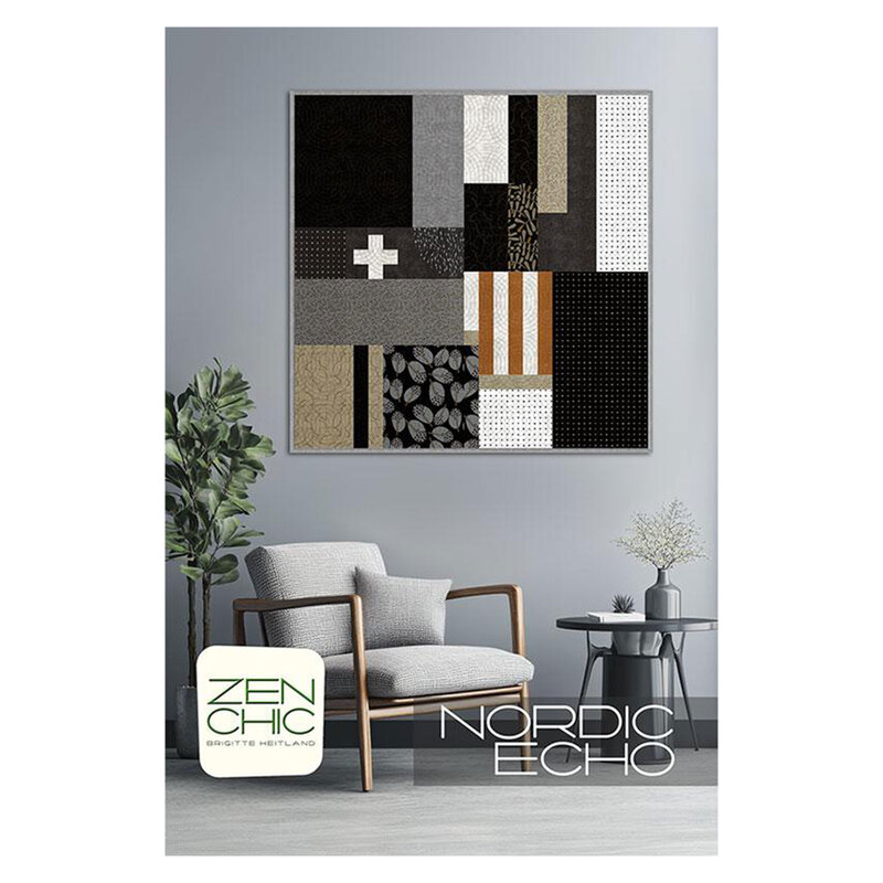 The front cover of the Nordic Echo pattern, featuring the finished quilt staged above furniture and décor.