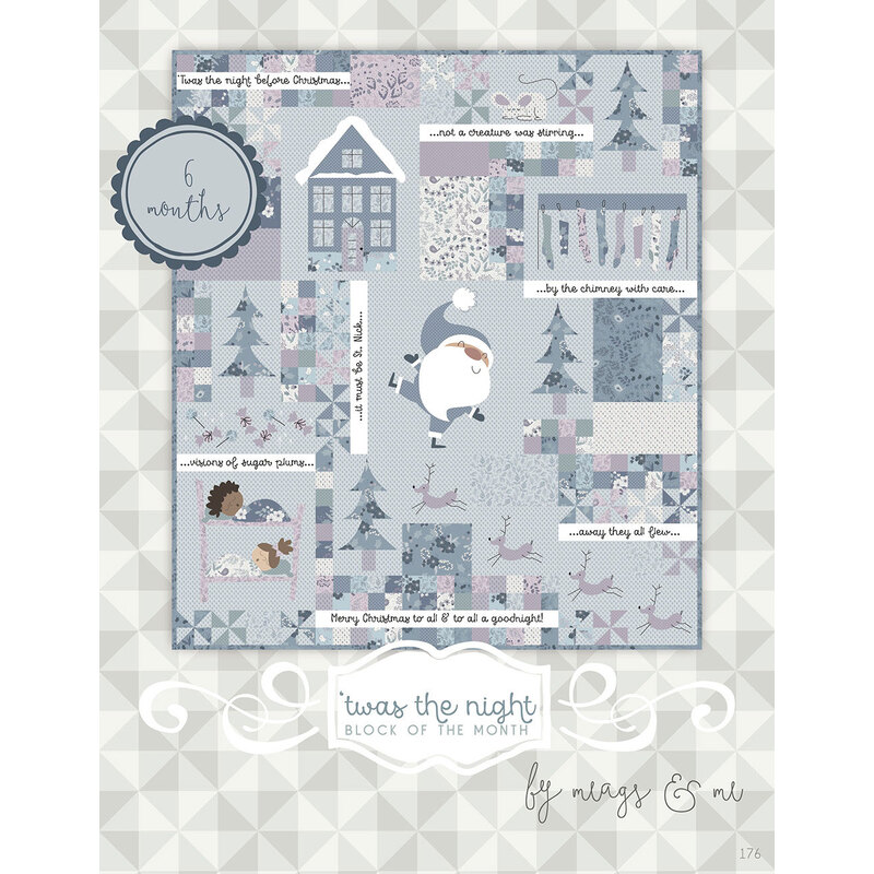A patchwork quilt design featuring winter scenes, a house, snowflakes, and woodland animals in blue and gray.