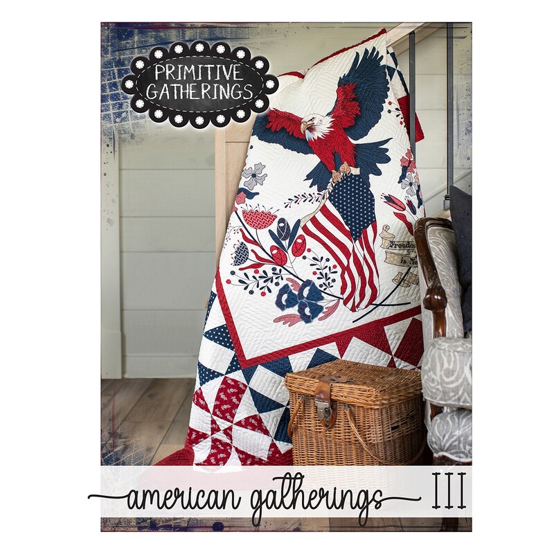 The front of the American Gatherings III book, showing a finished panel quilt in patriotic colors.