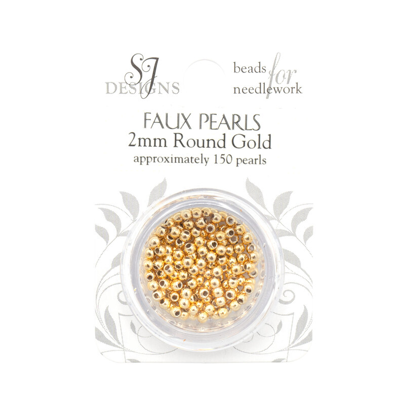 Image of a clear container filled with approximately 150 round faux gold beads, labeled for needlework.
