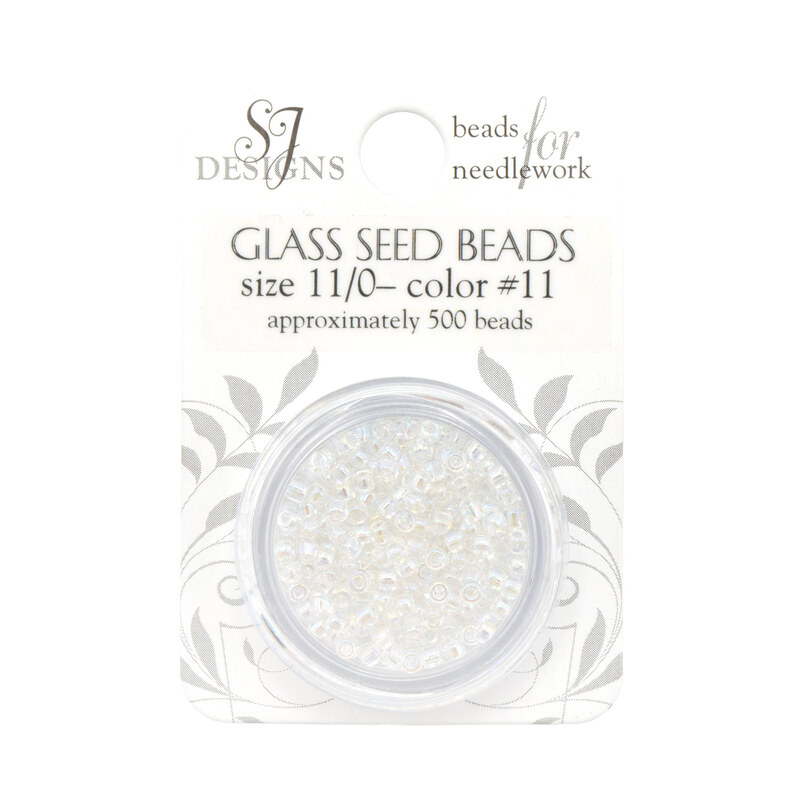 Clear container of glass seed beads, size 11/0,approximately 500 beads inside.