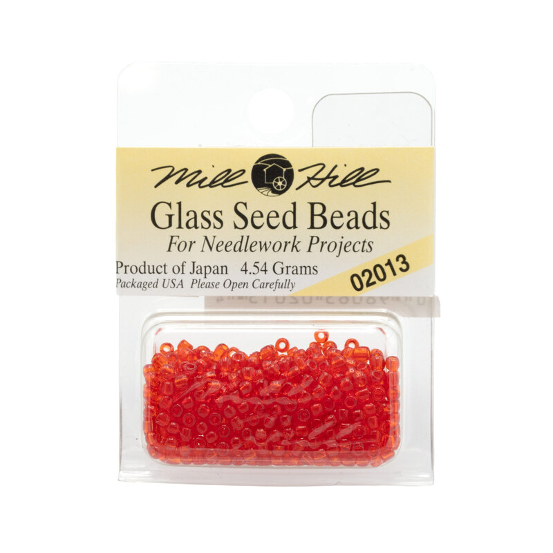 A package of Mill Hill Glass Seed Beads in the color red red. 
