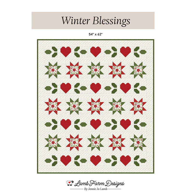 Front cover of the pattern featuring rows of red hearts, green leaves, and sawtooth stars.