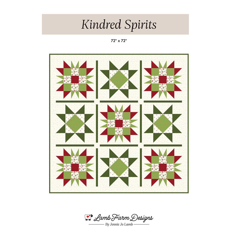 Front cover of the pattern featuring a 3 by 3 grid of lovely patchwork stars in red, white, and green.