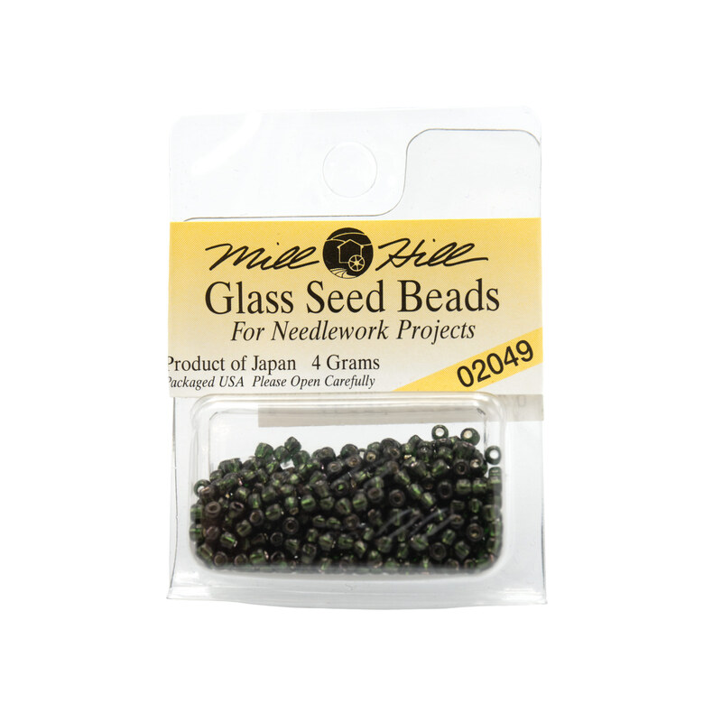 A package of Mill Hill Glass Seed Beads in the color dark basil. 