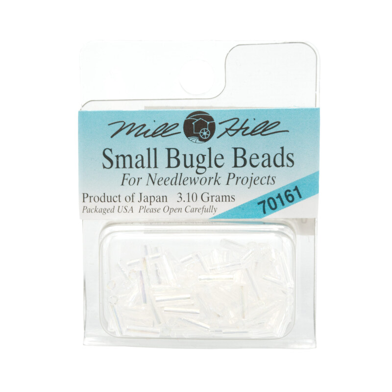 A package of Mill Hill Small Bugle Beads in the color crystal. 