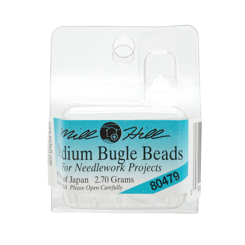 A package of Mill Hill Medium Bugle Beads in the color white.