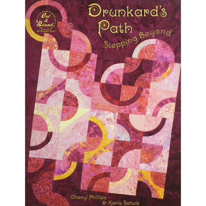 The front of the Drunkard's Path Stepping Beyond book, featuring a red and yellow Drunkard's Path quilt design on a red background.