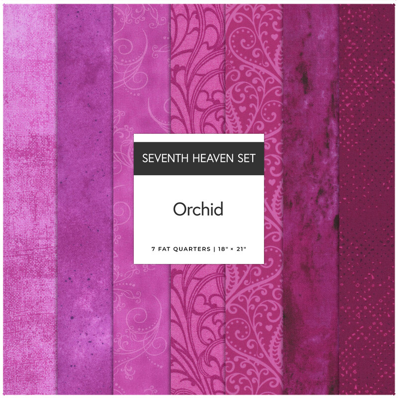 A collage of 7 orchid pink fat quarters