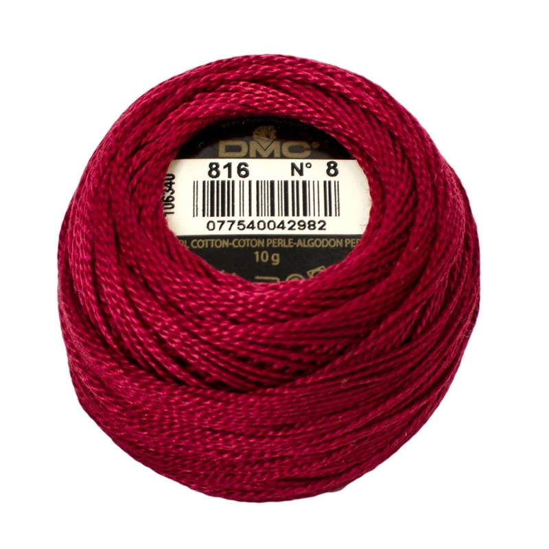 A ball of DMC 816 Dark Red Floss on a white background