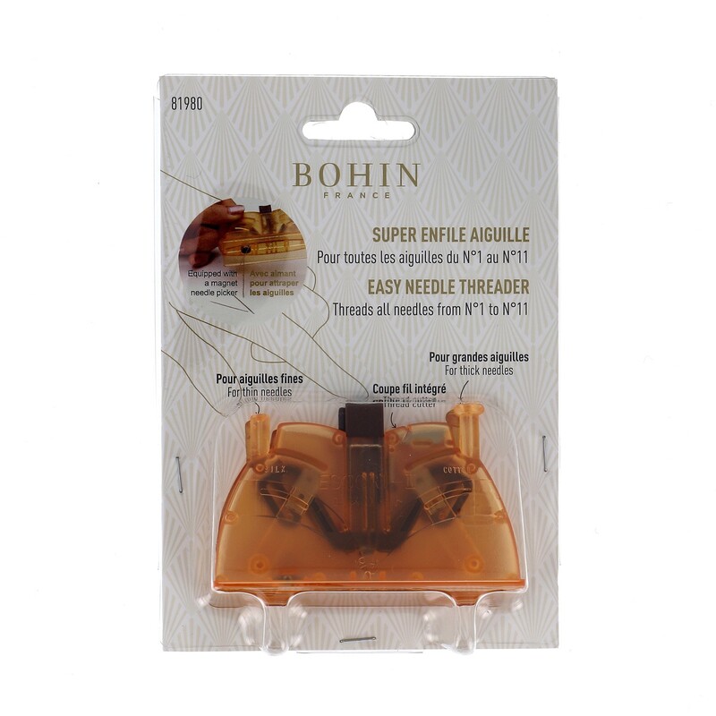 Package of a Bohin needle threader for needles size 1 to 11, featuring a clear design and instructions.