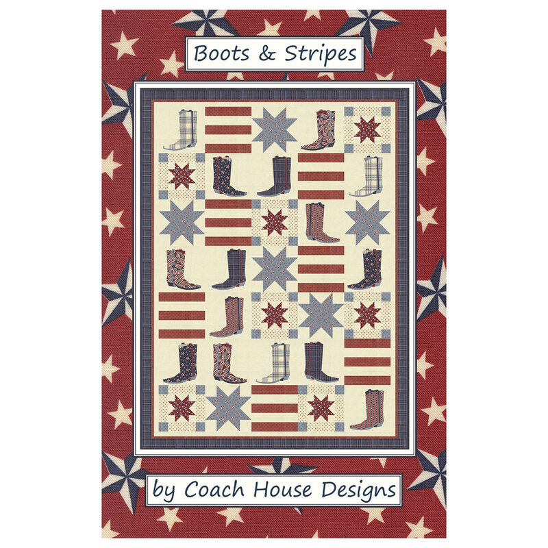 Front cover of the Boots & Stripes pattern showing the completed quilt in patriotic fabrics from the America 250 collection from Moda Fabrics.