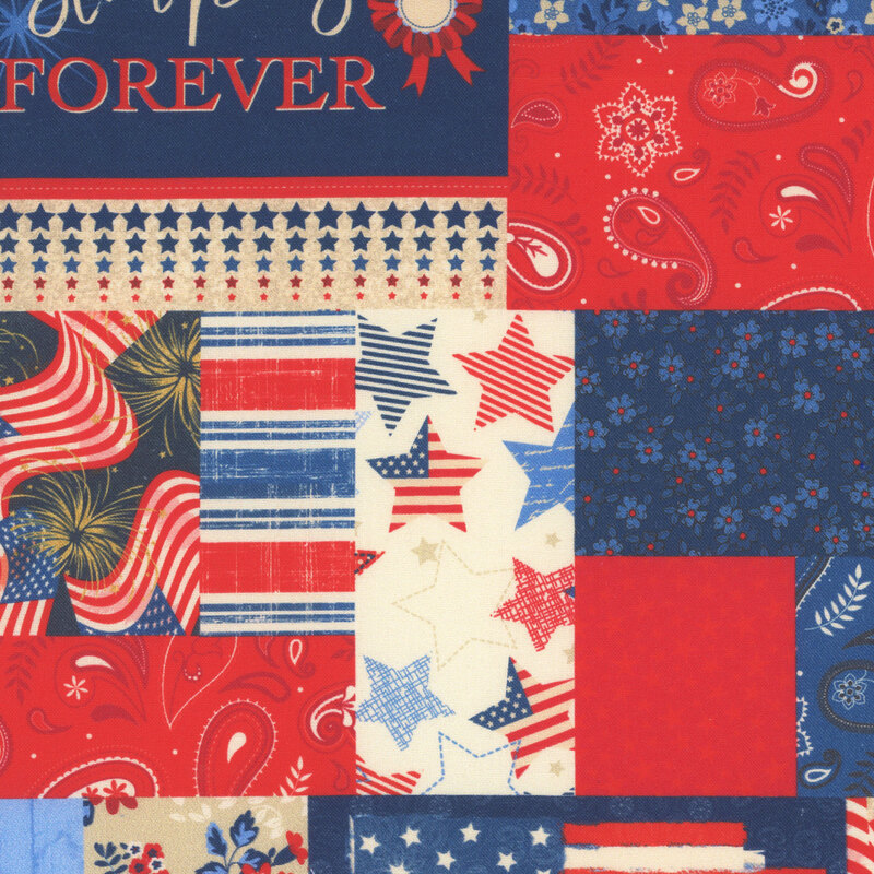 Fabric with a collage of patriotic-themed designs, from stylized stars and stripes to paisley and floral motifs for a bold, versatile look.