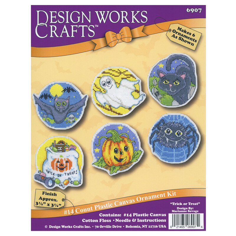The DesignWorks craft kit featuring six Halloween-themed cross stitch ornaments, including a cat, a pumpkin, a ghost, a bat, a spider, and a trick or treat bag..