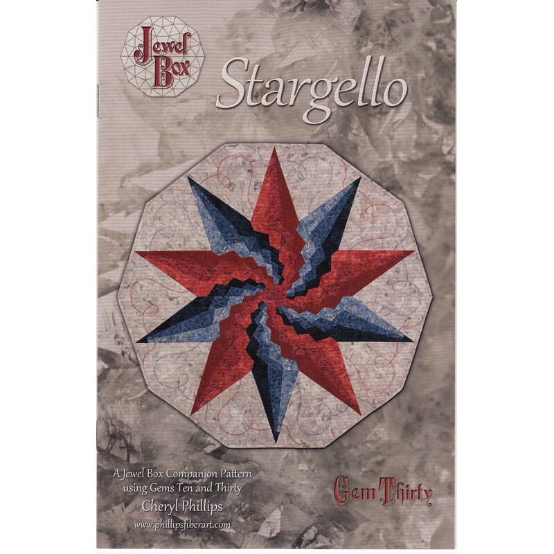 The front of the Stargello pattern, showcasing a round table topper with a starry design on a gray background.