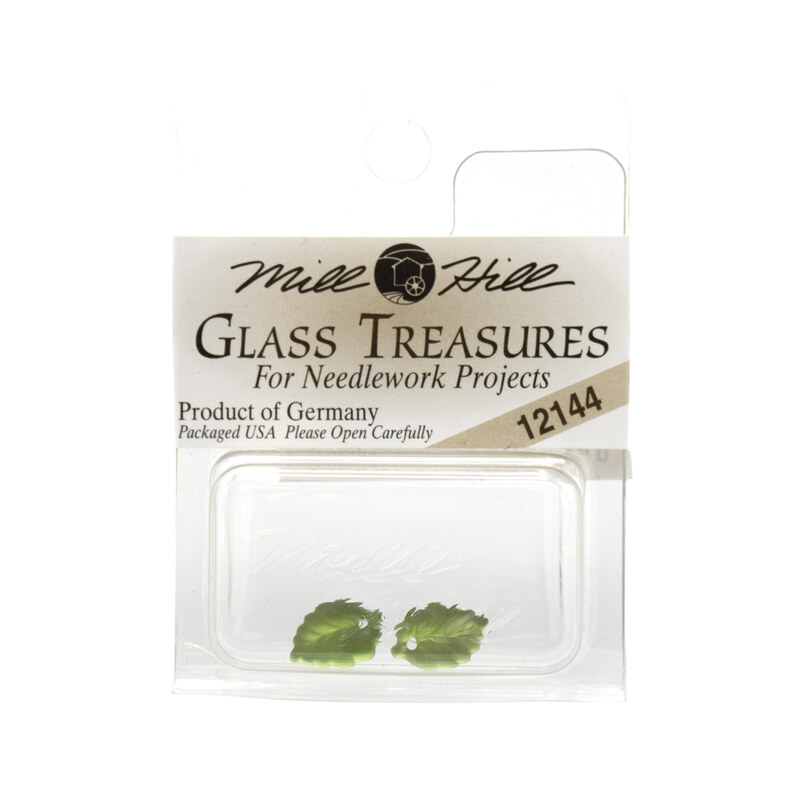 A package of Mill Hill Glass leaf Treasures in the color Matte Olive