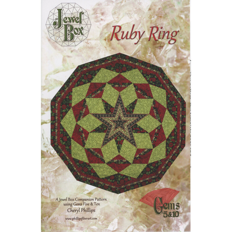 The front of the Ruby Ring pattern, showcasing the finished table topper on a mottled tan background.