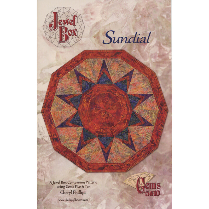 The front of the Sundial pattern, showcasing the finished table topper on a mottled background.