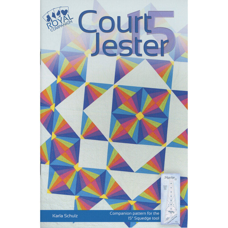 The front of the Court Jester 15 pattern, showcasing a closeup of the finished quilt on a faded blue background.