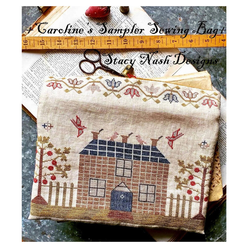 Front image of the Caroline's Sampler Sewing Bag, featuring the finished project that showcases a fenced in red brick house with apple trees, birds, and florals