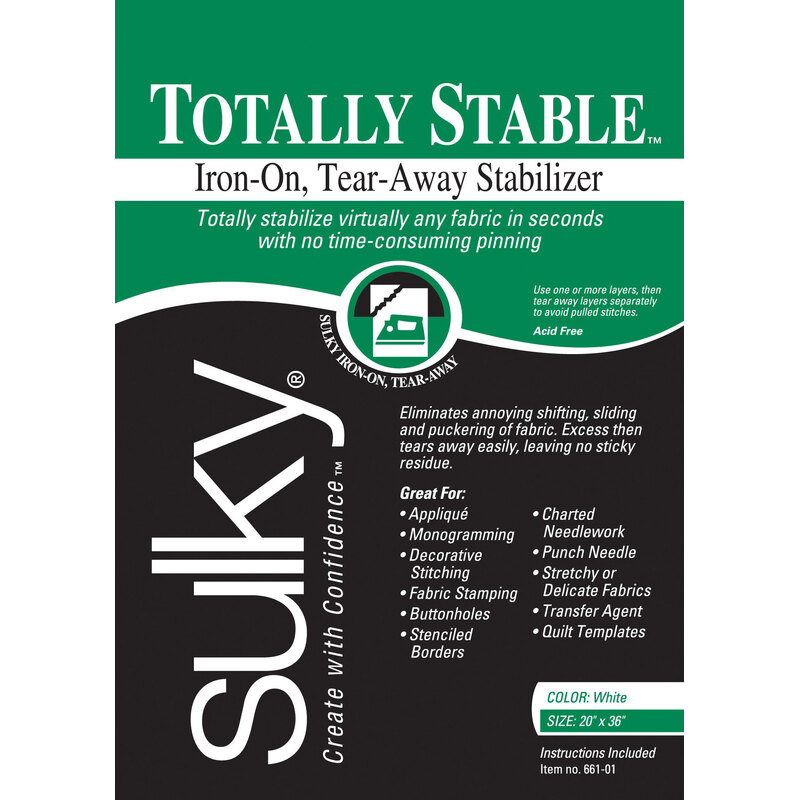 Package for Totally Stable iron-on tear-away stabilizer. Highlights features and uses, predominantly in white.