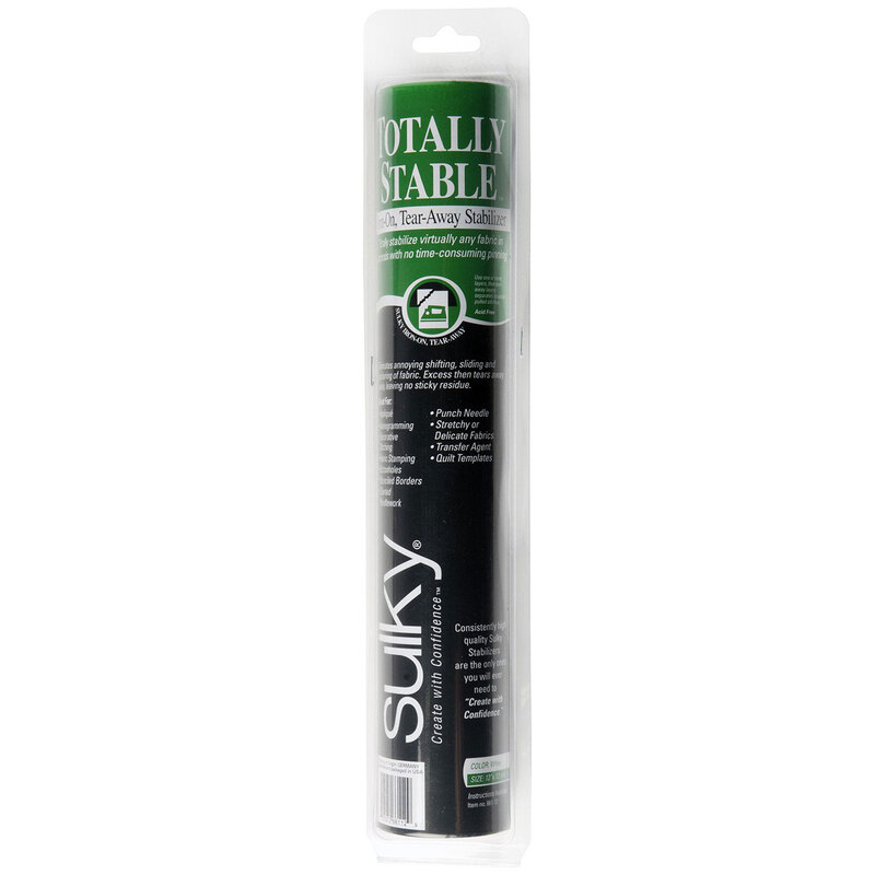 Roll of Sulky Totally Stable tear-away stabilizer, featuring instructions and safety information.