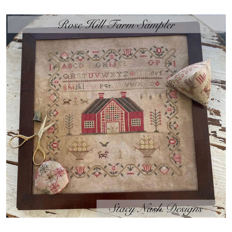 Image of the completed projects from the Rose Hill Farm Sampler & Pinkeep pattern.