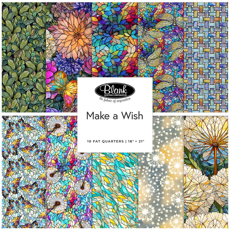 Square collage of fabrics in the collection in bright stained glass style designs