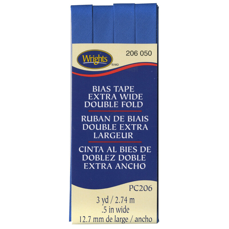 Blue bias tape in packaging labeled Bias Tape Extra Wide Double Fold.