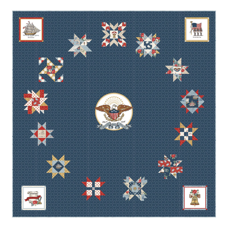 Quilt design featuring a central eagle emblem surrounded by various colorful star blocks.
