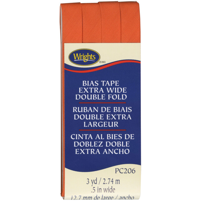 Orange bias tape in packaging labeled Bias Tape Extra Wide Double Fold.