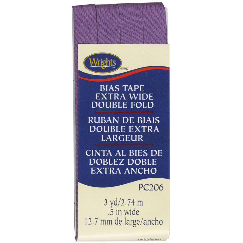 Purple bias tape in packaging labeled Bias Tape Extra Wide Double Fold.