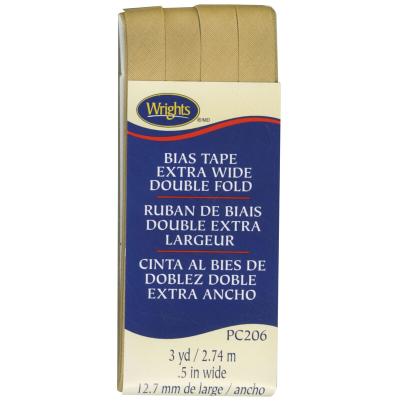 Tan bias tape in packaging labeled Bias Tape Extra Wide Double Fold.