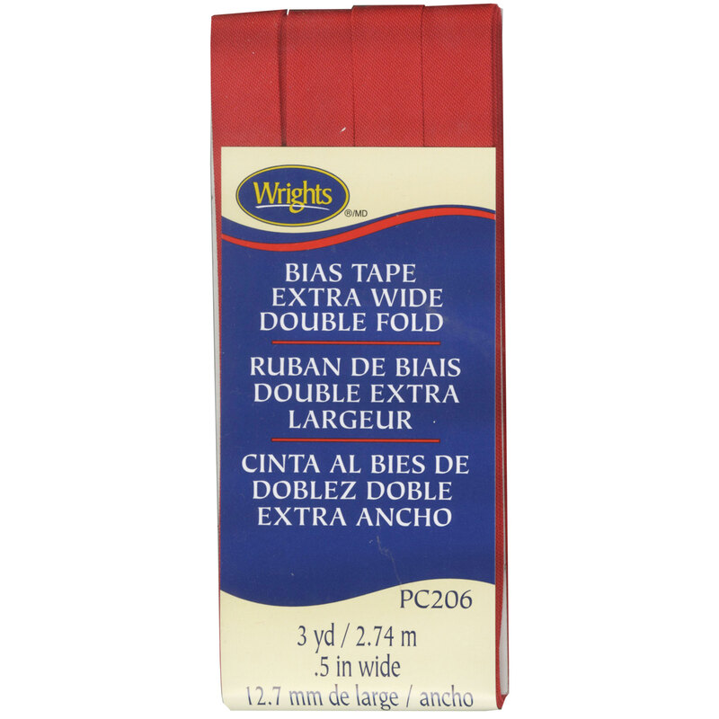 Scarlet bias tape in packaging labeled Bias Tape Extra Wide Double Fold.